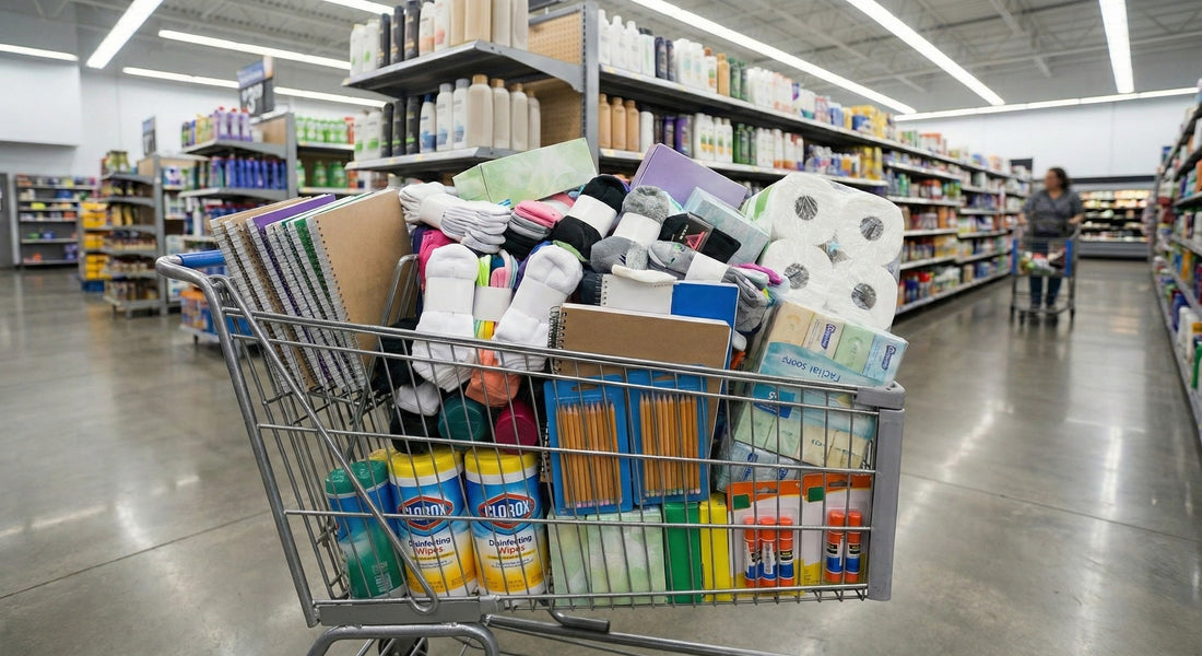 Overloaded shopping cart filled with assorted retail items in a big-box store aisle, showing the inconsistency and inefficiency nonprofits face when buying supplies.