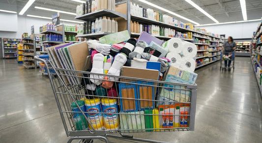 Overloaded shopping cart filled with assorted retail items in a big-box store aisle, showing the inconsistency and inefficiency nonprofits face when buying supplies.
