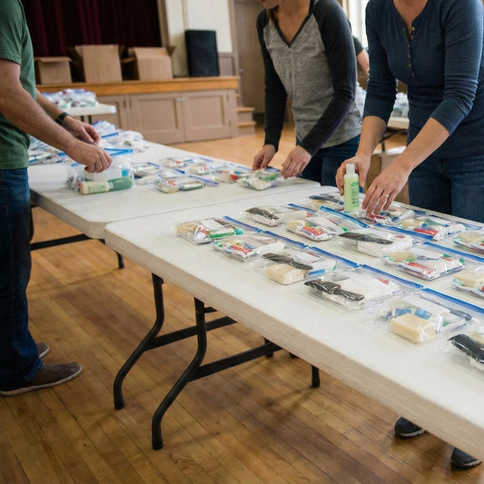 Volunteers assemble identical hygiene kits on long tables, placing personal care items into clear bags in an organized community space.