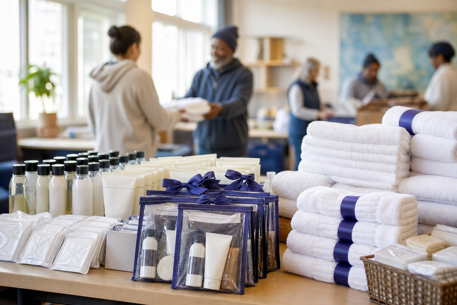 Community partners organizing donated hotel supplies, hygiene kits, and linens