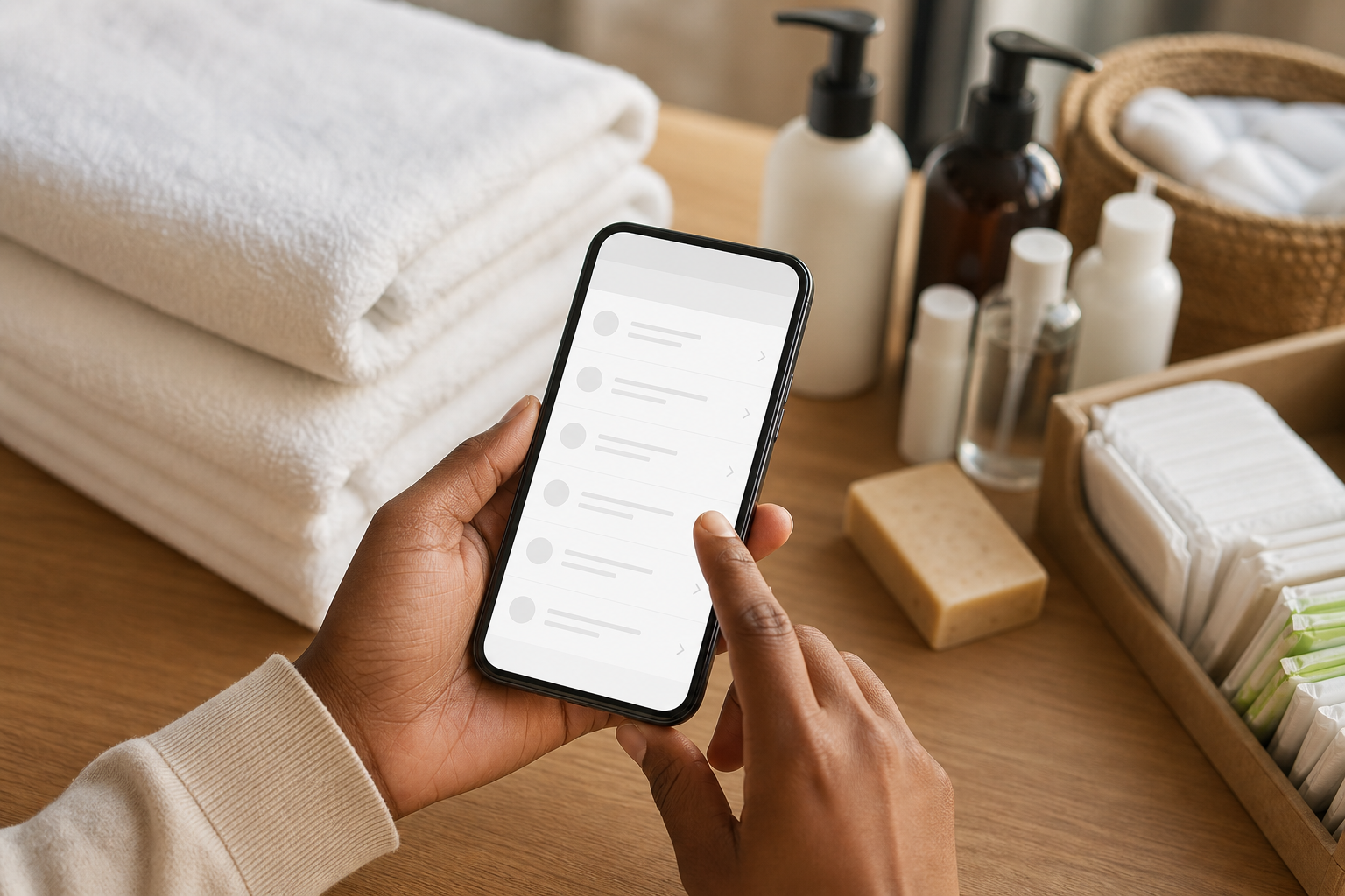 Person browsing a donation registry list on a smartphone, with folded towels and supplies in the background