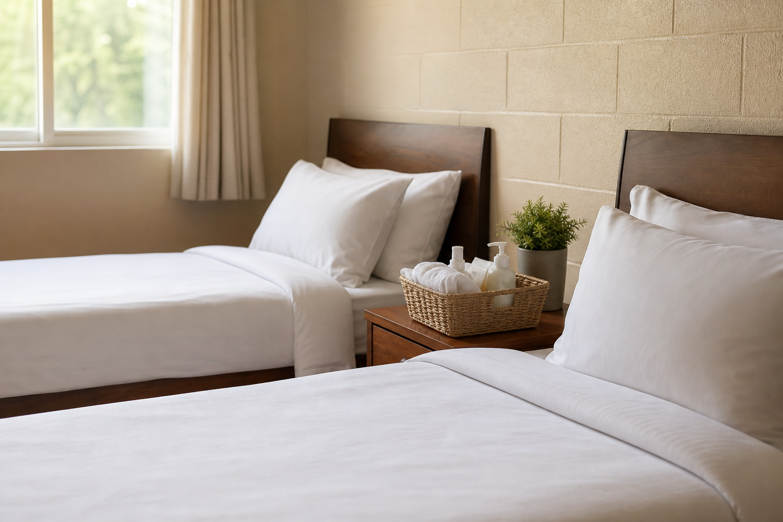 Shelter room with crisp hotel-quality linens, towels, and hygiene amenities on the bedside table