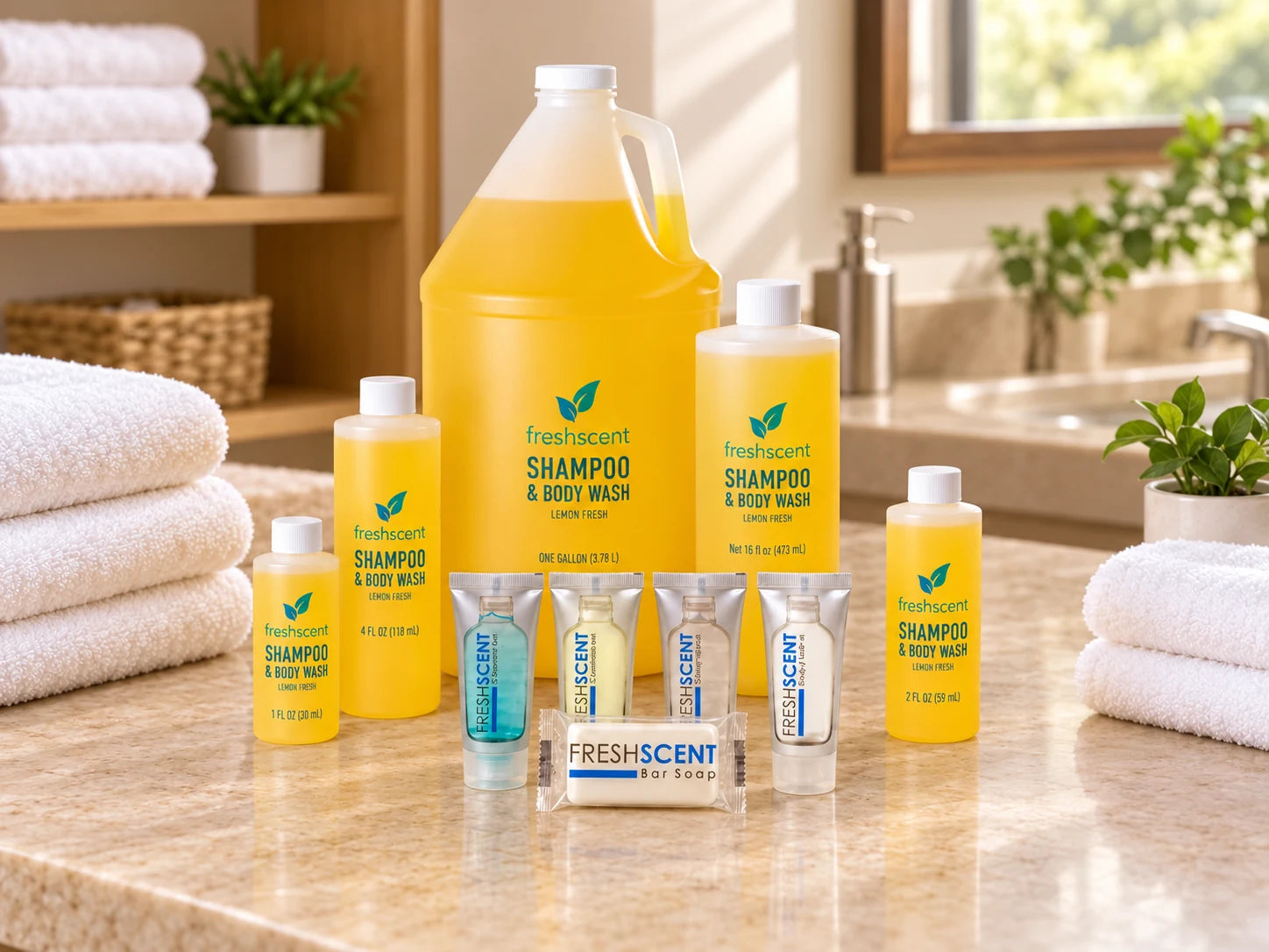 Freshscent shampoo and body wash in assorted bulk sizes with travel amenities